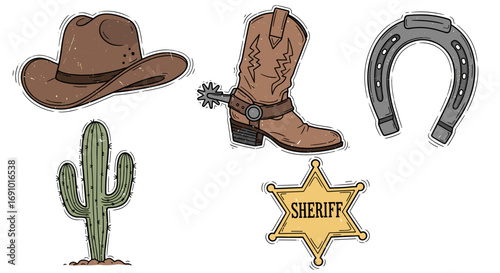 Illustration of cowboy hat, boot, horseshoe, cactus, and sheriff badge