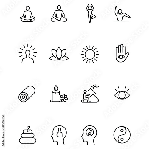 Set of sixteen minimalist line art yoga, meditation, and wellness icons including poses, lotus, sun, and yin-yang on white background