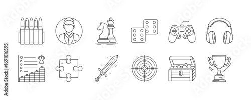 Gaming and competition activity line icon set - Collection of outline icons showing gaming and competition elements including chess, domino, video game controller, headphones, trophy, puzzle, and targ