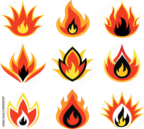 Collection of stylized flame icons representing different fire elements and heat energy