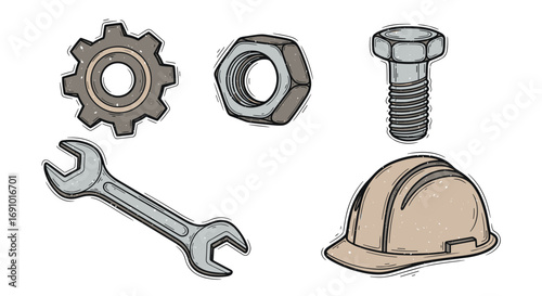 Illustration of a gear, nut, bolt, wrench, and construction hard hat