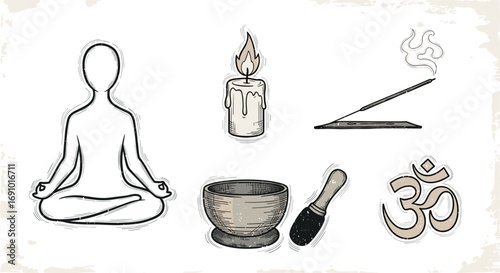 Illustration of yoga pose candle incense singing bowl and om symbol art
