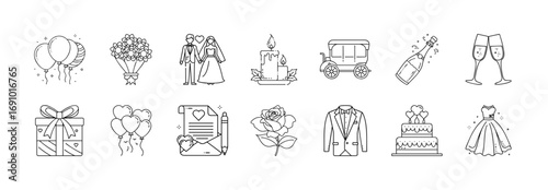 Wedding and romance celebration line icon set - Collection of outline icons representing wedding and romance symbols such as rings, cake, dress, suit, champagne, bouquet, and decorations.
