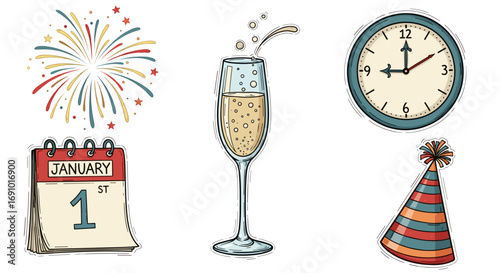 Illustration of new year elements including calendar clock and champagne