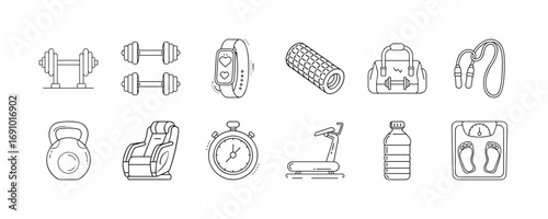 Fitness and gym equipment line icon set - Collection of simple line icons showing various gym and fitness equipment including weights, treadmill, stopwatch, water bottle, and accessories.
