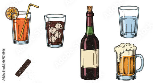 Illustration of various beverages including juice, soda, wine, and beer
