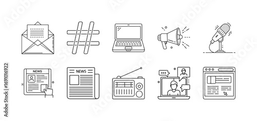 Media Communication and Digital Marketing Line Icons - Collection of line icons representing media, communication, news, and digital marketing tools including laptop, radio, newspaper, email, and micr