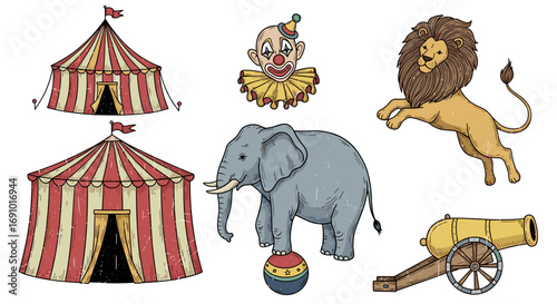 Illustration of circus elements including tents, clown, lion and elephant