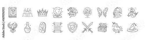 Fantasy and Fairytale Line Icon Collection - Set of minimal line icons representing fantasy and fairytale symbols such as dragons, crowns, unicorns, castles, magic, and mythical creatures.
