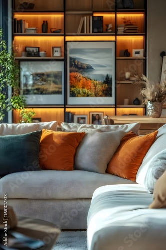 暖かい照明の居心地の良いリビングルーム、クリーム色のソファ、オレンジとグリーンの枕、木製の本棚、秋の芸術品