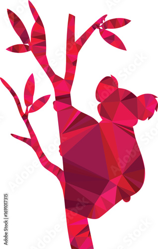 A polygonal koala rests peacefully in a crimson eucalyptus tree, showcasing a vibrant lowpoly