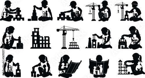 Silhouettes of children playing with building blocks, imagining construction scenes, cranes, teamwork, and architectural planning through creative play.