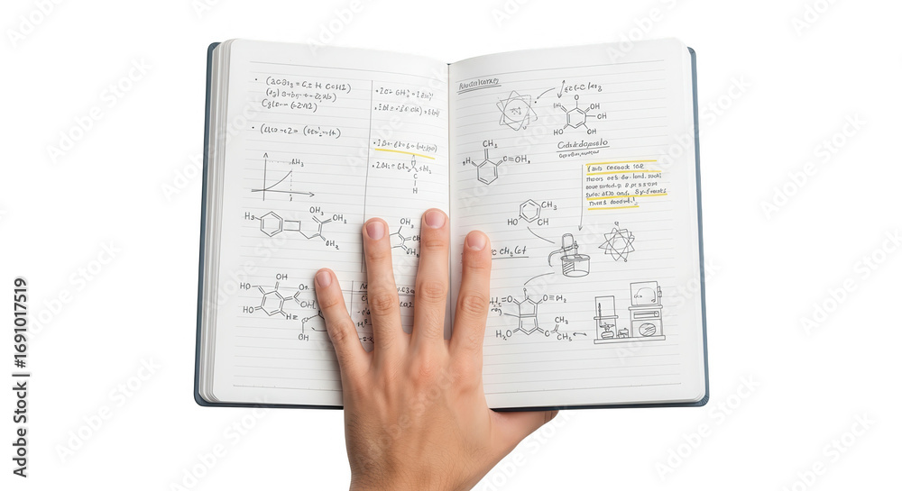 Fototapeta premium Organic chemistry study notebook with hand showing chemical structures and reaction mechanisms diagrams notes on transparent background