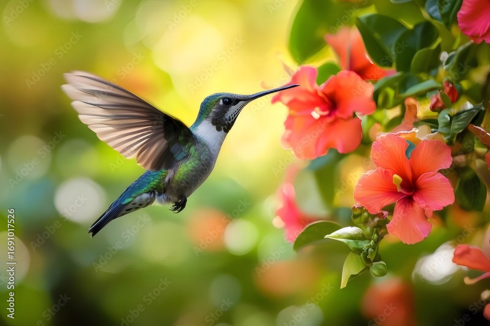 Fototapeta premium ハチドリの飛行とハイビスカスの鮮やかなオレンジ色の花と緑の葉の背景のクローズアップ