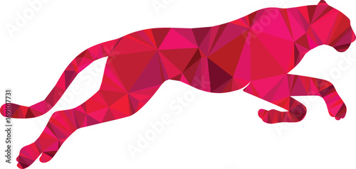 A vibrant red cheetah leaps dynamically in a lowpolygon style illustration