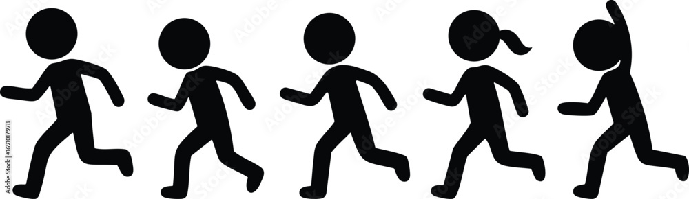 Stickman running silhouettes showing jogging, sprinting and movement sequence in different athletic poses for sports and activity design