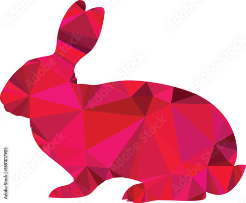 A red and pink geometric rabbit sits in a minimalist design