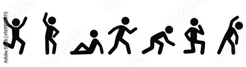 Stickman life stages silhouette showing childhood, youth, adulthood and old age with walking, sitting and growing progression concept