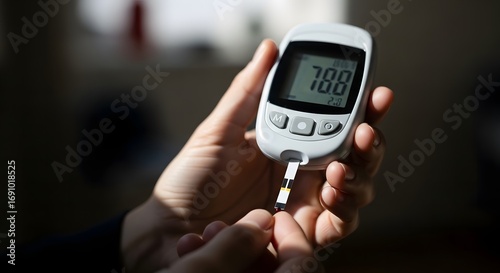 Close-up of a person using a blood glucose meter to check their blood sugar level.
