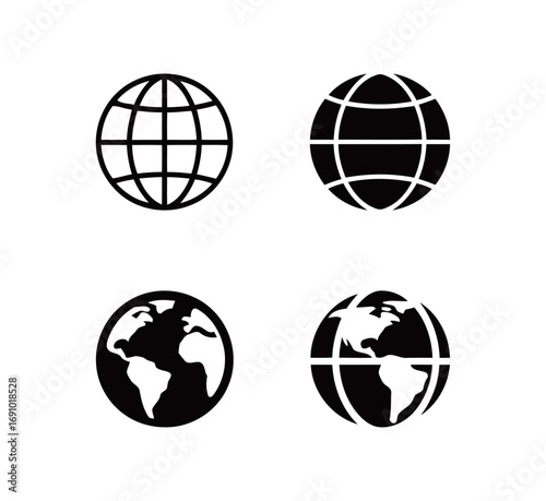Globe icons set. A collection of various globe and world map symbols, perfect for travel, global business, and communication themes.