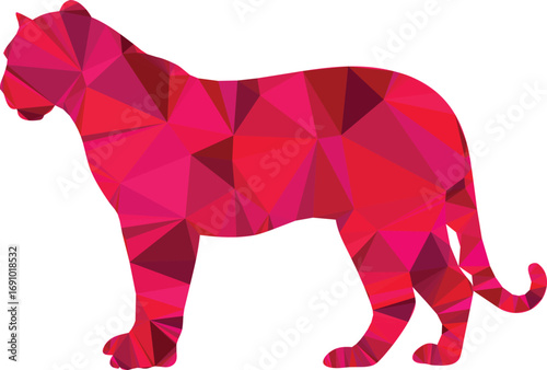 A polygonal red panther stands in profile, a geometric animal illustration
