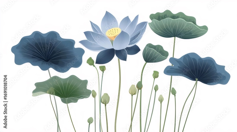 Naklejka premium 青い蓮の花と葉の装飾的なイラストレーションが白い背景に繊細に描かれています