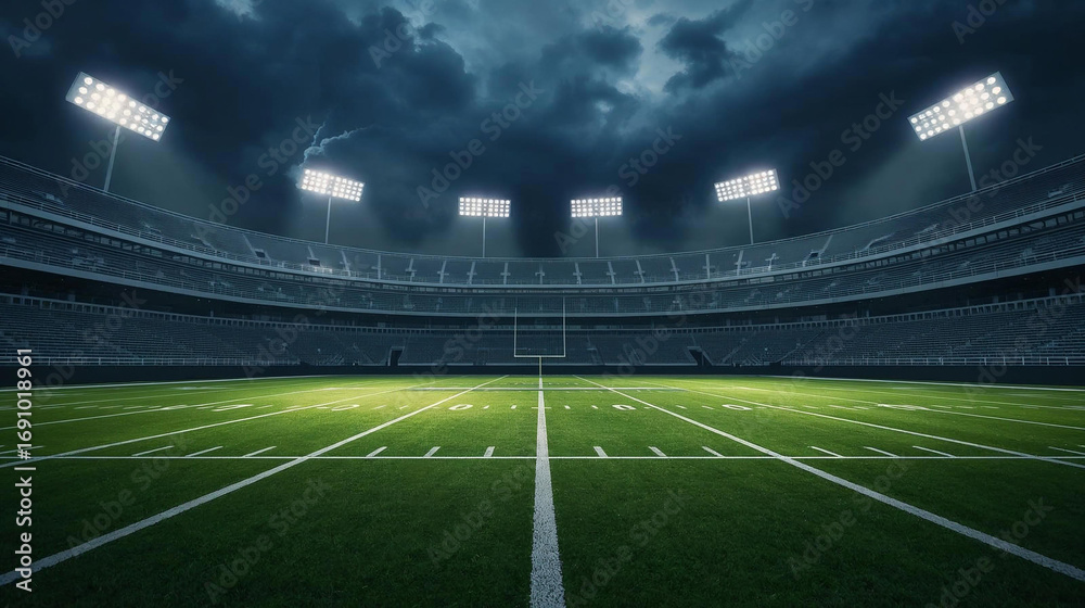 Fototapeta premium An empty American football stadium at night is illuminated by powerful bright floodlights casting long dramatic shadows.