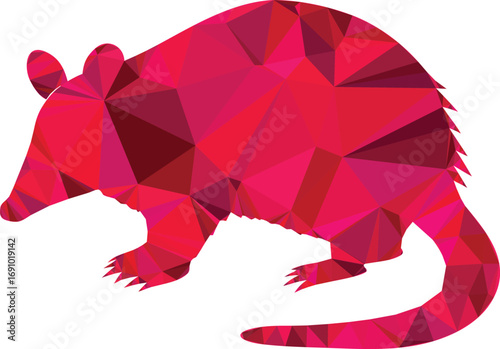 A geometric opossum in shades of red and pink is presented in a lowpoly style