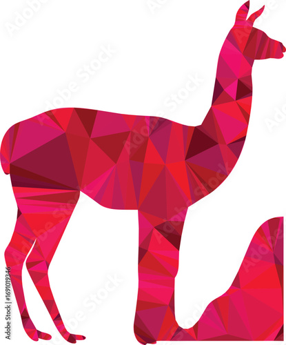 A geometric red and pink llama stands gracefully against a white backdrop