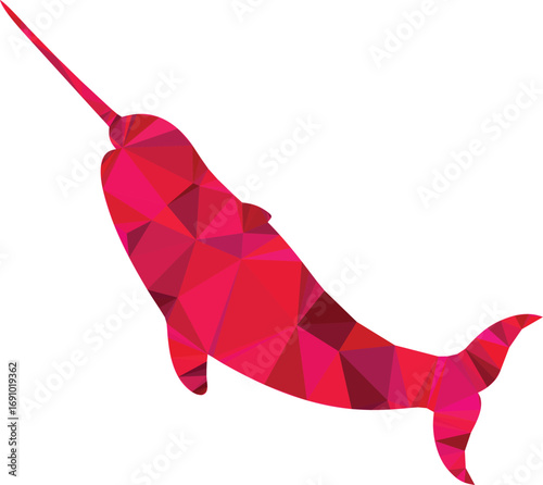 A vibrant red narwhal depicted in a geometric polygon style