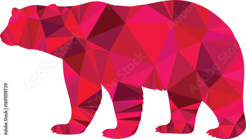 A polygonal red bear stands in profile, a geometric wildlife design