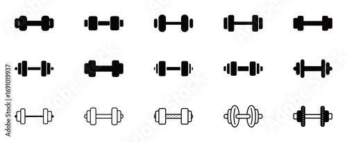 Dumbbell icons set. A collection of different dumbbell and weightlifting symbols, perfect for fitness, gym, and exercise-related designs.