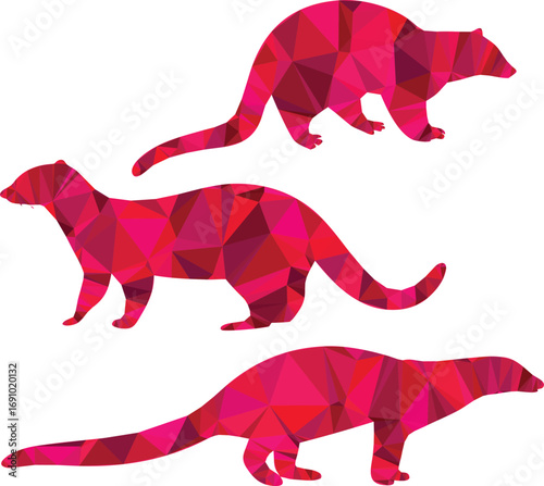 Three red polygon animals stand in a minimalist composition