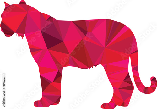 A crimson polygon tiger stands in profile, a geometric animal design