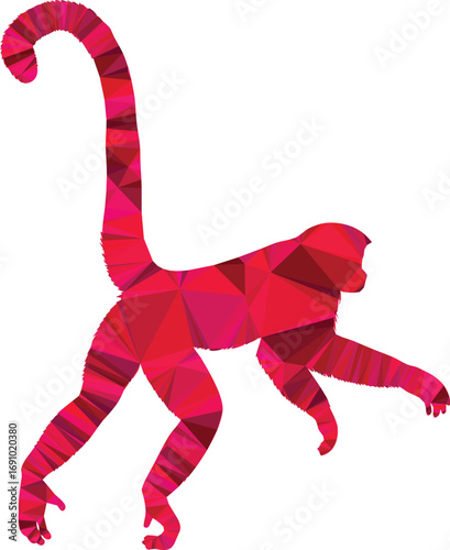 A vibrant red monkey silhouette in a geometric polygon style design