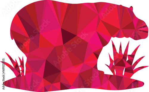 A polygonal red bear stands amidst geometric plants in a minimalist design