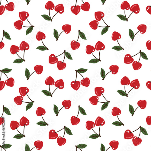 Seamless cherry pattern. Cute red fruit background for kids fabric and summer design.