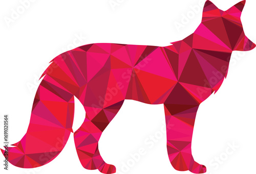 A crimson fox stands in profile, depicted in a geometric lowpoly style