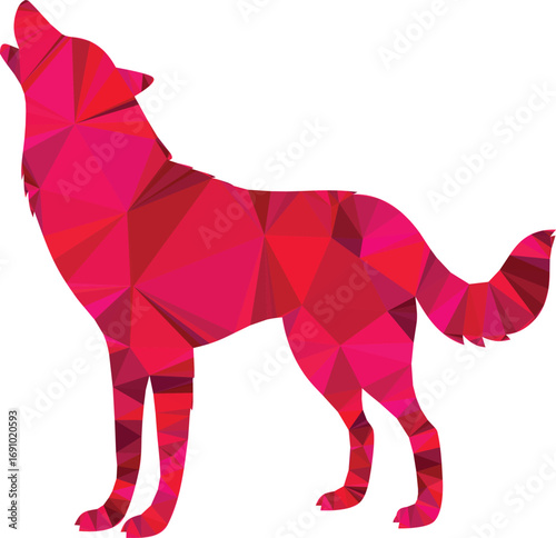 A crimson wolf howls to the sky in a geometric lowpoly style illustration