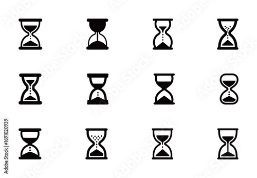 Hourglass icons set. A collection of various hourglass and sand clock symbols, representing time, deadlines, and urgency concepts.