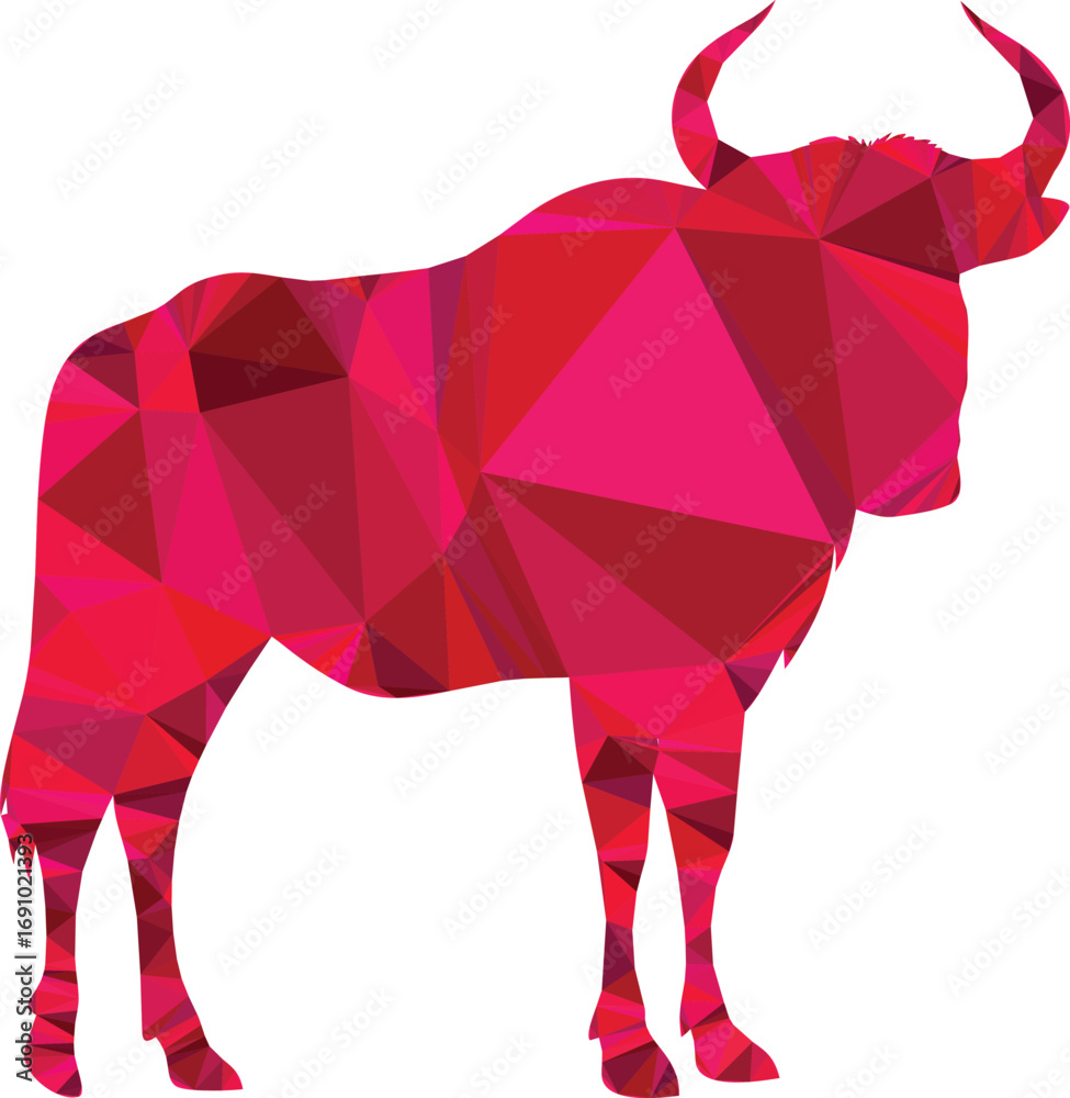 Obraz premium A polygonal wildebeest stands in profile, showcasing vibrant red and pink geometric patterns