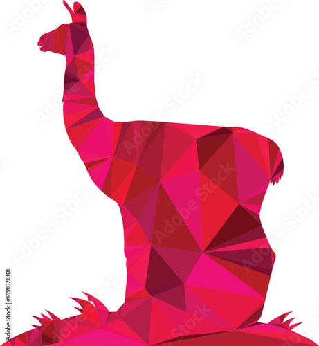 A vibrant red polygonal llama stands gracefully in a minimalist composition
