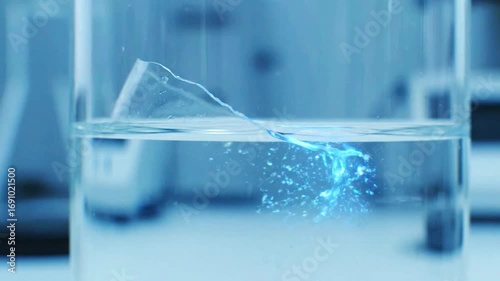 A piece of translucent flexible film is immersed in a liquid dissolving and creating a glowing light-emitting reaction