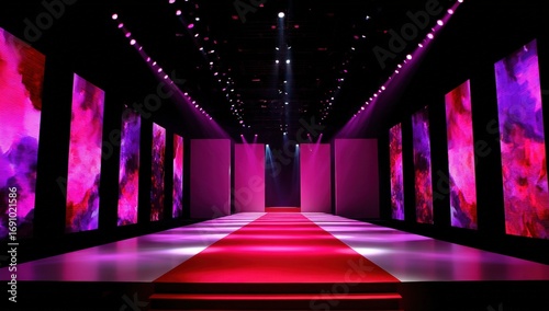 Fashion show stage with vibrant lighting and digital displays