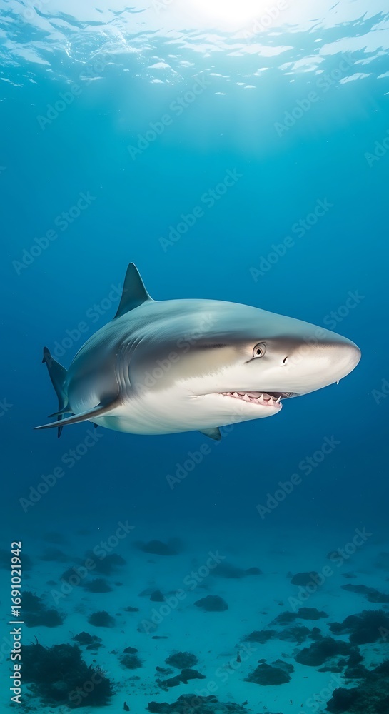 Fototapeta premium A powerful gray reef shark swims majestically in deep, vibrant blue water, showcasing its formidable presence against a sunlit backdrop.