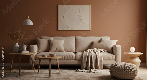 Cozy Living Room with Neutral Tones: Sofa, Coffee Table, and Decor