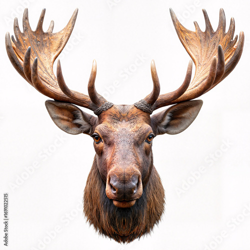 Moose head close-up with large antlers on white background