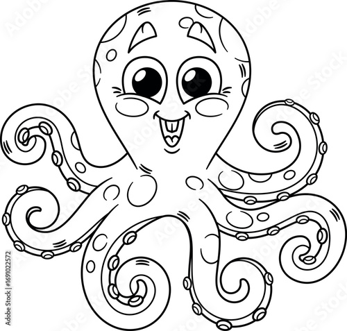 Octopus marine character black-and-white vector illustration