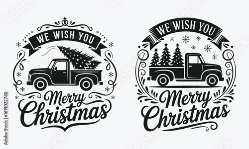 Vintage Pickup Truck with Christmas Tree and ‘We Wish You Merry Christmas’ Typography, Retro Holiday Car Illustration, Christmas Seasonal Design with Trees and Snowflakes, Festive Winter Greeting Vect