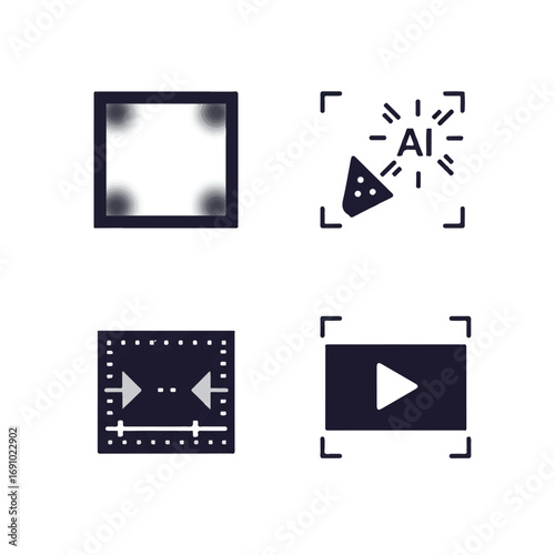 Modern Flat Vector Icons Set for Video Editing & AI Effects: Background Blur, Filter Wand, Cinematic Crop, Vertical Shorts UI